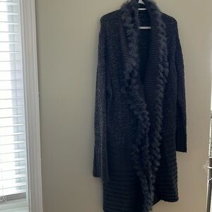 [2XL]Sioni Snap Button Rabbit Fur Trim Mixed Texture Cardigan